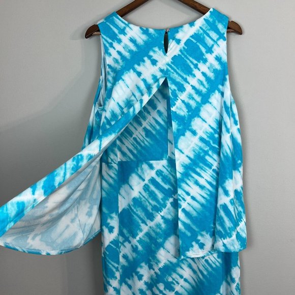 Chicos 2 Dress Large Blue Tie Dye Maxi Overlay Layered Flyaway Sleeveless Summer - Picture 8 of 11
